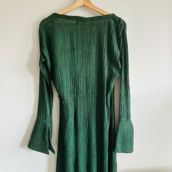 Savannah Morrow Sky Wrap Midi Maxi Dress Long Sleeve Green Crinkle Bamboo Silk - Picture 6 of 10